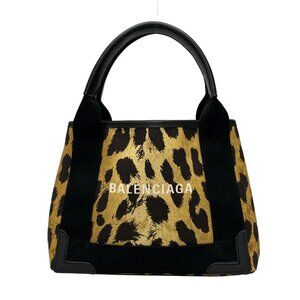 Auth BALENCIAGA Navy Cabas XS 390346 Black Light Brown Dark Brown Canvas Leather